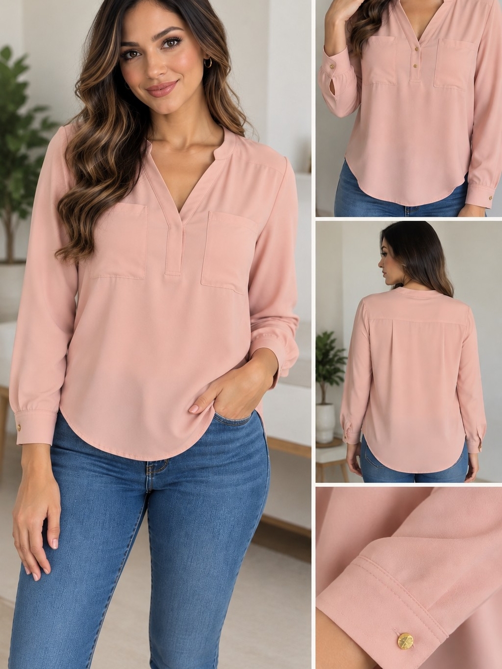 Nine West Blush Pink Long Sleeve Blouse Size S – Button Front, Double Chest Pock